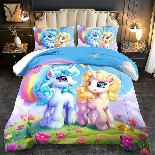 Unicorn Comforter Set King,Kawaii Unicorn Bedding Set King Kids,Rainbow Comforter Blue Bedroom Decor,Cute Animal Bedding Rainbow Bed Decor for Girls,Cartoon Blue Floral Quilt