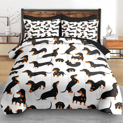 Comforter Set Twin Size, Dog Family Animal 5 Pcs Bedding for Kids and Adults, Happy Cute Dachshund Bed Sheet Sets with Fitted Sheet Pillowcase & Sham for Bedroom Bed Decor