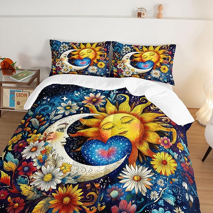 Bedding Sun and Moon Set Queen Size,Colorful Flowers Bohemian Exotic Gothic Comforter Sets for Kids Teens Girls Room Decor,Universe Galaxy Bedding with 2 Pillowcases.