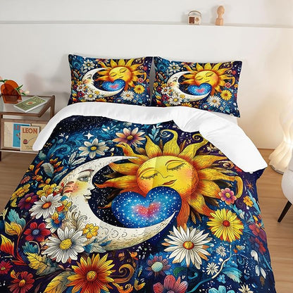 Bedding Sun and Moon Set King Size,Colorful Flowers Bohemian Exotic Gothic Comforter Sets for Kids Teens Girls Room Decor,Universe Galaxy Bedding with 2 Pillowcases.