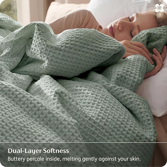 Bedsure Cotton Duvet Cover Queen Size - 100% Cotton Waffle Weave Sage Green Duvet Cover, PureWoven Textured Breathable Bedding Comforter Cover for All Season, 1 Duvet Cover Only 90"x90"