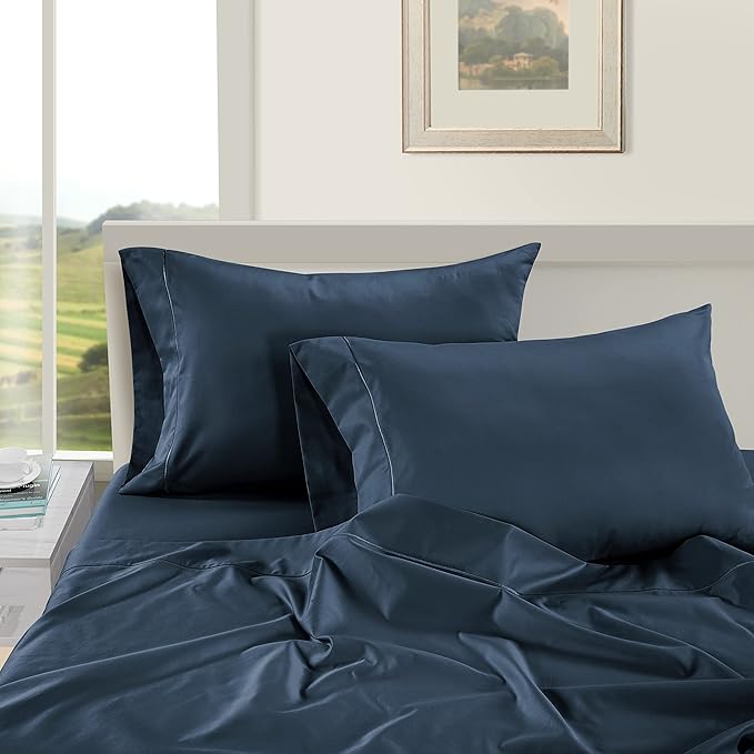 LANE LINEN 100% Egyptian Cotton Twin Sheets Set, Soft & Comfy Sateen Weave No Pill Mercerized Cotton Sheets, Fully Elasticized Reinforced French Seam Fitted Twin Bedding – Dark Denim