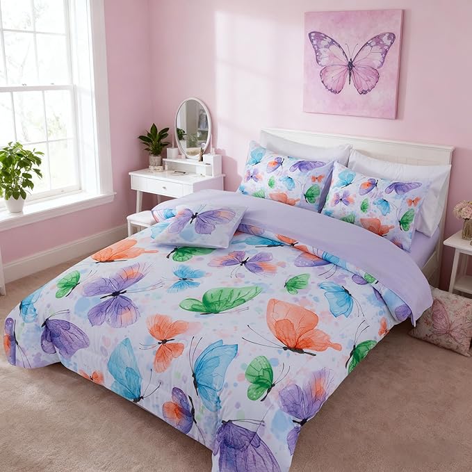 A Nice Night 6pcs Bed in A Bag Watercolor Ink Wash Tie-Dye Butterfly Flying Printed, Butterflies Bedding Comforter Set, Purple Green Twin