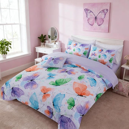 A Nice Night 6pcs Bed in A Bag Watercolor Ink Wash Tie-Dye Butterfly Flying Printed, Butterflies Bedding Comforter Set, Purple Green Twin