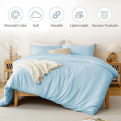 MILDLY Super Soft Duvet Cover - 100% Washed Microfiber Cool Blue Comforter Cover Set 3 Pieces with Zipper Closure & Corner Ties (No Comforter)