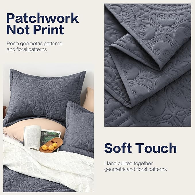 EXQ Home Quilt Set Full Queen Size Bluish Grey 3 Piece,Lightweight Soft Coverlet Mandala Flower Pattern Bedspread Set for All Season(1 Quilt,2 Pillow Shams)