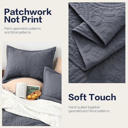 EXQ Home Quilt Set Full Queen Size Bluish Grey 3 Piece,Lightweight Soft Coverlet Mandala Flower Pattern Bedspread Set for All Season(1 Quilt,2 Pillow Shams)