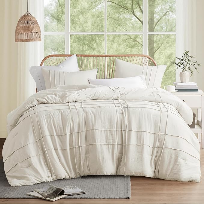 Comfort Spaces Cream King Size Comforter Set - 3 Pieces Pintuck Pleated Bedding Sets, All Season Lightweight, Extra Softness Pre-Washed Microfiber King Bed Set, Shams