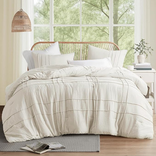 Comfort Spaces Cream King Size Comforter Set - 3 Pieces Pintuck Pleated Bedding Sets, All Season Lightweight, Extra Softness Pre-Washed Microfiber King Bed Set, Shams