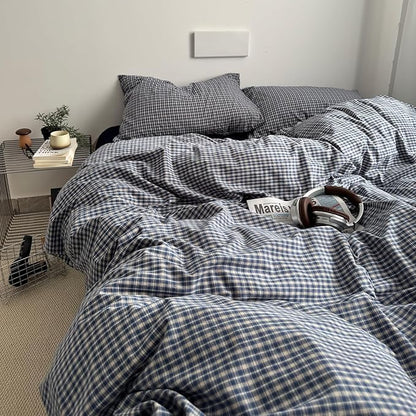 EAVD Vintage Blue Plaid Gingham Duvet Cover King Soft 100% Washed Cotton Reversible Grid Plaid Checkered Gingham Bedding Set with 2 Pillowcases Farmhouse Blue Plaid Duvet Cover with Zipper