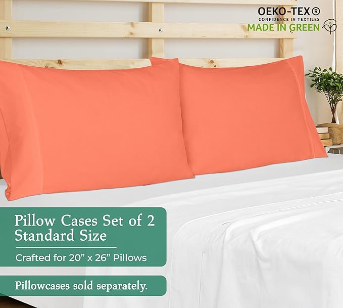 Royale Linens Standard Pillowcase Set of 2 - Bed Pillow Cover - 20"x26" - Coral Pillowcases - 1800 Brushed Microfiber, Wrinkle & Fade Resistant - Soft & Cozy- Standard Size Pillow Case (STD, Coral)