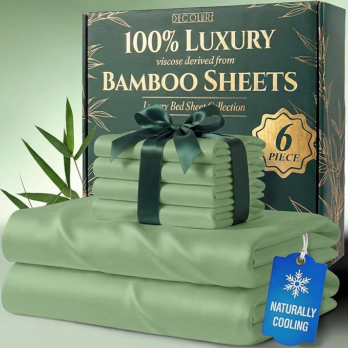 DECOLURE 100% Viscose Derived from Bamboo Sheets King Size - Luxury 6 Pc Naturally Cooling Sheets, Ultra Soft Bed Set - Deep 17" Pockets, Durable Double Stitching, Oeko Tex Standard (Sage Green)