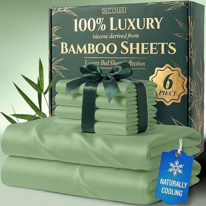 DECOLURE 100% Viscose Derived from Bamboo Sheets Queen Size - Luxury 6 Pc Naturally Cooling Sheets, Ultra Soft Bed Set - Deep 17" Pockets, Durable Double Stitching, Oeko Tex Standard (Sage Green)