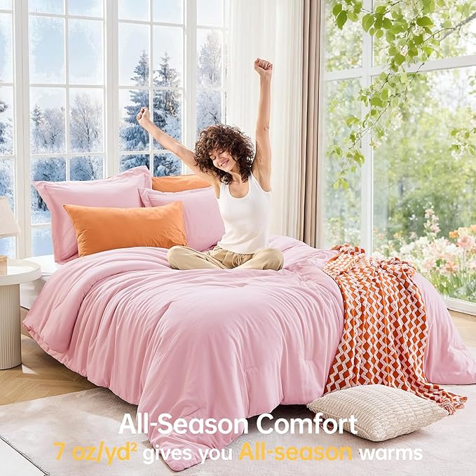 MUXHOMO Pink Queen Comforter Set, All Season Ultra Soft Down Alternative Bedding - 3 Piece Lightweight Bed Set Includes 1 Comforter (90"x90") and 2 Pillow Shams (20"x26")
