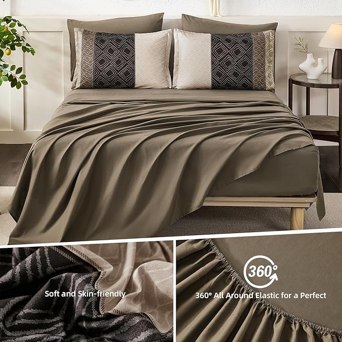Dinjoy Light Brown King Size Comforter Set,Striped Boho Bed in a Bag King 7 Pieces Soft Fall Bedding Comforters Sets Microfiber Complete Bed Sets for All Season