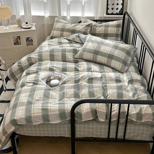 VM VOUGEMARKET Teen Boys Comforter Set Twin XL Green Plaid Gingham Down Comforter with 2 Pillowcases,Modern Cozy Bedding Quilt Set 68"x90"