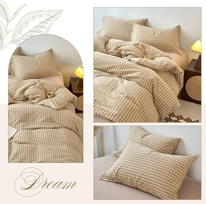 EAVD Vintage Style Brown&Beige Plaid Duvet Cover Twin Soft 100% Washed Cotton Chic Checkered Gingham Bedding Set with 2 Pillowcases Farmhouse Brown Gingham Duvet Cover with Zipper Closure