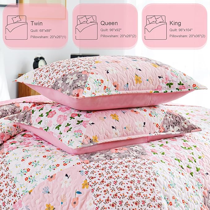Whale Flotilla Patchwork Quilts Queen Size, Extra Soft Boho Floral Bedspreads for Bed Reversible Lightweight Full Queen Quilt Bedding Set Printed Coverlets with 2 Pillow Shams for All Seasons, Pink