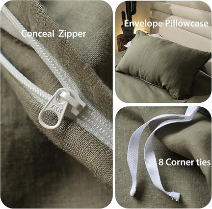 XZ XIFA Olive Green Linen Duvet Cover Twin, 100% Washed French Flax Linen Bedding Set with Zipper Closure, Cooling & Textured Bed Sets for Hot Sleepers(1 Duvet Cover, 1 Pillowcases)