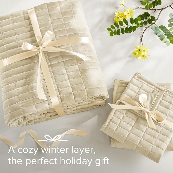 Comfort Spaces Ivory Oversized King Quilt Set 120"x118" Bedspread Quilted Summer Lightweight Microfiber Bedding Coverlet with Double Sided Stitching Soft All Season Cozy 3 Piece with Matching Shams