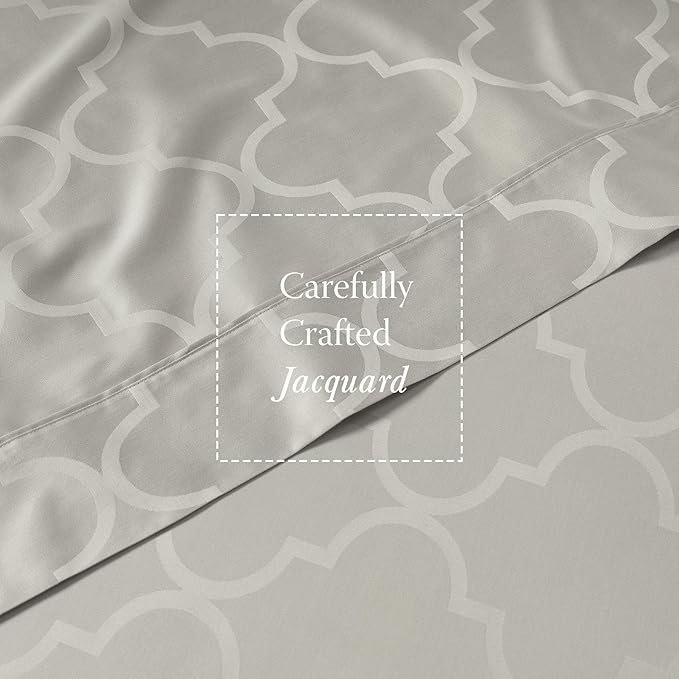 Threadmill Cotton Queen Sheet Set | 100% Cotton Sheets for Queen Size Bed | Damask Jacquard Queen Bed Sheets Set with 16” Deep Pocket | Soft Sateen Weave 4-Piece Cooling Bedding Set | Light Grey