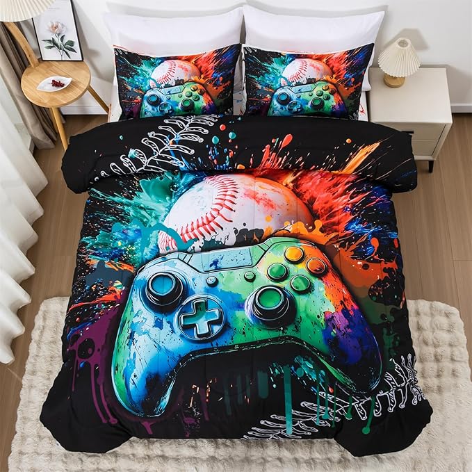 Aimuan Gamer Gaming Bedding Sets 3D Gamepad Comforter Sets for Boys Games Console Action Buttons Novelty Colorful Game Controller Modern Room Decor Home Quilt Set (Green, Twin)