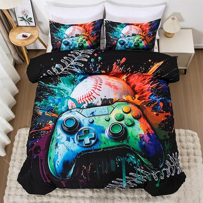 Aimuan Gamer Gaming Bedding Sets 3D Gamepad Comforter Sets for Boys Games Console Action Buttons Novelty Colorful Game Controller Modern Room Decor Home Quilt Set (Green, Twin)