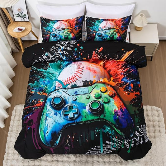 Aimuan Gamer Gaming Bedding Sets 3D Gamepad Comforter Sets for Boys Games Console Action Buttons Novelty Colorful Game Controller Modern Room Decor Home Quilt Set (Green, Twin)