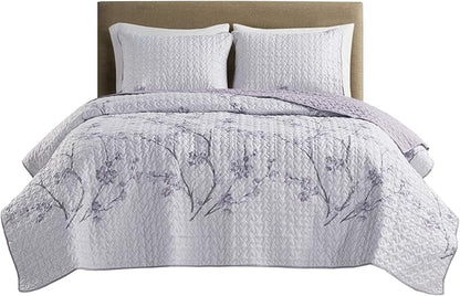 Comfort Spaces Reversible Quilt Set-Vermicelli Stitching Design All Season, Lightweight, Coverlet Bedspread Bedding, Matching Shams, Full/Queen (90 in x 90 in), Kate Floral Purple 3 Piece