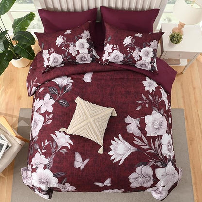 Floral King Size Comforter Set, 7 Pieces Burgundy Bed in a Bag, Elegant Floral Butterfly Comforter and Sheet Set, Soft Microfiber Bedding Sets for All Seasons(Burgundy,104"x90")