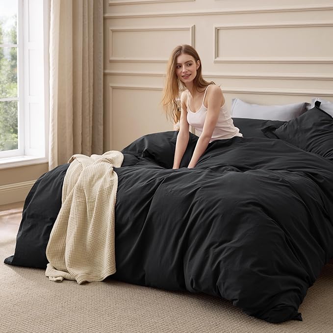 Bedsure 100% Washed Cotton Duvet Cover King Size - Black Minimalist Bedding Set Linen Like - PureWoven Plain Simple & Soft Comforter Cover for All Seasons (Black, King, 104"x90")