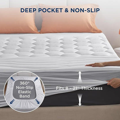Bedsure Twin Mattress Pad Cover - Quilted Fitted Mattress Topper Protector with 8-21 Inches Deep Pocket, Noiseless Breathable Bed Cover Padded, Machine Washable, White,39x75 Inches