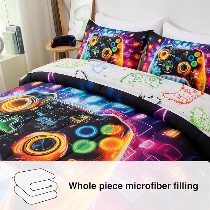 A Nice Night 5PC Game Console Comforter Set for Boys Girls Kids,Space Universe Gaming Like Rhythmic Music Style Lightweight Gamer Bedding,Twin