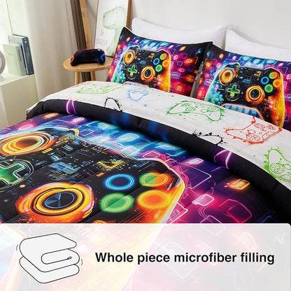 A Nice Night 5PC Game Console Comforter Set for Boys Girls Kids,Space Universe Gaming Like Rhythmic Music Style Lightweight Gamer Bedding,Twin