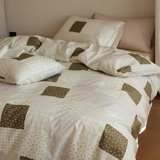 Patchwork Comforter Set Twin XL Brown Gingham Floral Bedding Set Cotton Down Alternative Plaid Teen Girl Bedding Comforter Sets Boho Fluffy Cute Light Weight Bed Comforter with 2 Pillowcases