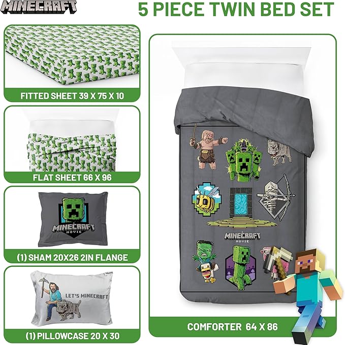 Jay Franco Kids Comforter Set Includes Sheets and Pillow Covers - Soft and Cozy Bed Set for Stylish Room Decor, Grey - Minecraft Movie, 5 Piece Twin Size Bedding