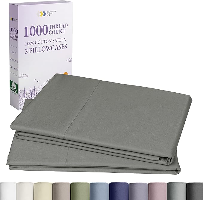 California Design Den King Size Pillows Cases Set of 2-1000 Thread Count Sateen, Soft and Thick 100% Cotton Pillowcases King, Durable - Grey