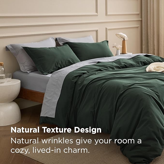 Bedsure 100% Washed Cotton Duvet Cover King Size - Forest Green Minimalist Bedding Set Linen Like - PureWoven Plain Simple & Soft Comforter Cover for All Seasons (Forest Green, King, 104"x90")
