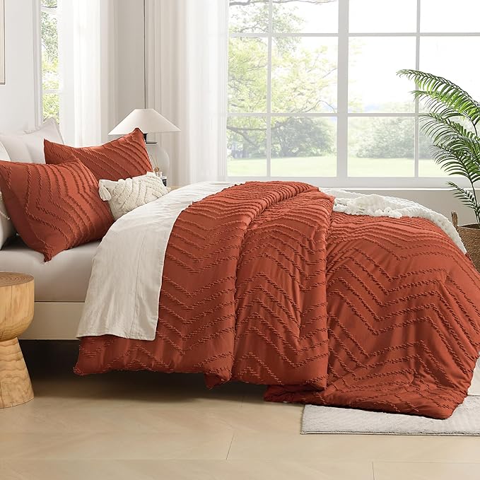 Andency Burnt Orange Comforter for Queen Size Bed, Boho Terracotta Soft Warm Bedding Comforter Sets for Queen Bed, 3 Pieces Rust Chevron Tufted Aesthetic Microfiber Lightweight Comforter Set