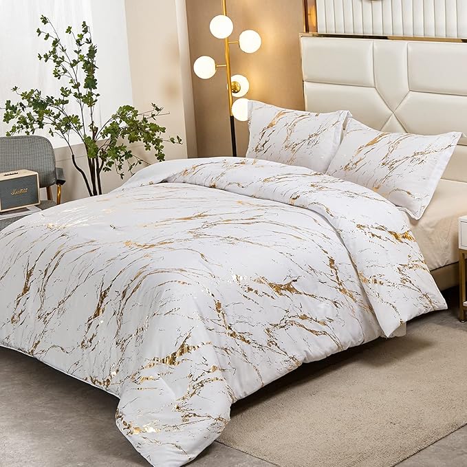 White Gold Metallic Marble Comforter Set King Foil Print Glitter Bedding Sets with 2 Pillowcases for All Seasons, Soft Microfiber Filling Bedding Duvet Set 103"x90"