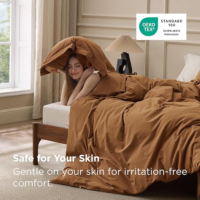 Bedsure 100% Washed Cotton Duvet Cover King Size - Hazelnut Brown Minimalist Bedding Set Linen Like - PureWoven Plain Simple & Soft Comforter Cover for All Seasons (Hazelnut Brown, King, 104"x90")