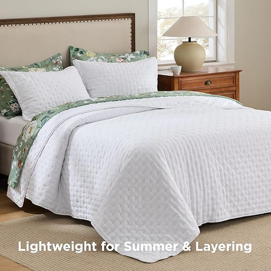 Bedsure Quilts Queen Size - Bright White Bedspread Queen Size & Lightweight Comforter, Modern Coverlet with Clover Pattern, Ultra Soft All-Season Bedding, 90 x 96 Inches | Stitch-Free Quilting, Lightweight, Summer Bedding Set, Machine Washable, Pet-Fri...