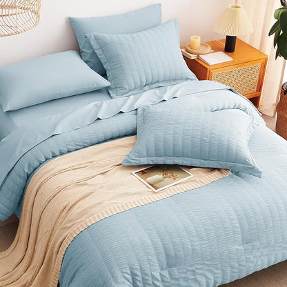 CozyLux Queen Comforter Set Light Blue Seersucker 7 Pieces Bed in a Bag Queen Comforter Set with Sheets, Luxury Soft Bedding Set with Down Alternative Comforter, Sheets, Pillowcases & Shams All Season