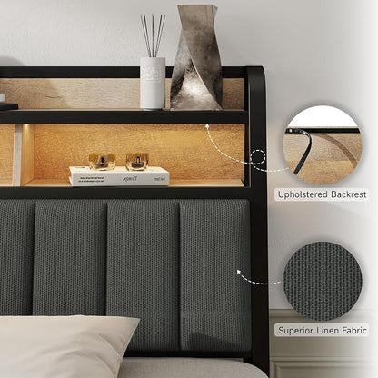 Queen Headboard Only with Storage, Upholstered Headboards for Queen Size Bed with LED Light, Charging Station, Height Adjustable, Sturdy and Stable Headboard, Black & Brown