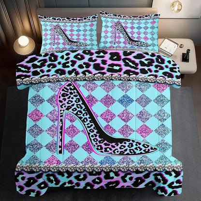 Rainbow Cheetah Print Comforter Set Full Girls Sexy High Heels Leopard Print Bedding Set Women High Heels Leopard Comforter Quilt Bedroom Decor Animal Cheetah Bedding Bed Decor