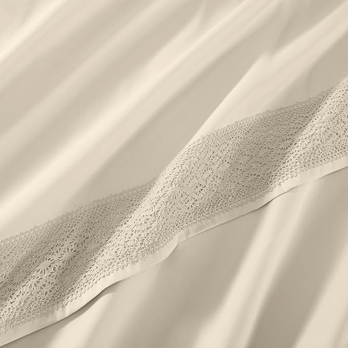 Modern Threads 4 Piece Microfiber Sheet Set – Soft Cooling Bed Sheets with Crochet Lace – Deep Pocket, Wrinkle Free, Breathable, Hotel Luxury Bedding, Beige, Full