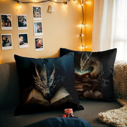 Vintage Magical Black Dragon Reading Book Decorative Throw Pillow Covers 18x18 Set of 2, Fantasy Room Decor for Kids, Gamers, and Bookworms,Reading Nook Decor, Gifts for Bookworm Readers