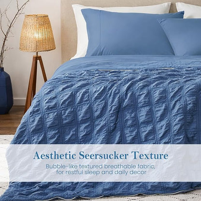 Cozy Bliss Cooling Comforter Seersucker Plaid Queen Size, Q-Max 0.45 Lightweight Cooling Blanket, Breathable Silk Smooth Summer Bedding Quilt for Hot Sleepers Night Sweats Denim Blue
