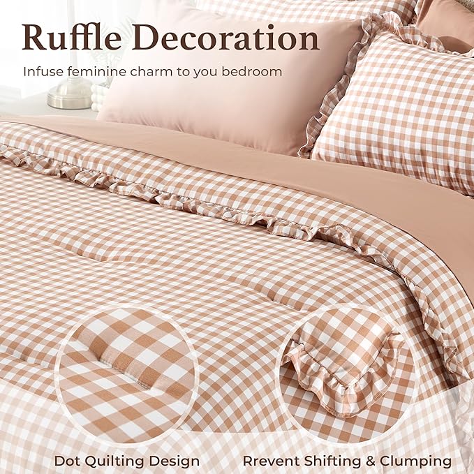 BDEUS 7 Pieces Gingham Ruffle Comforter Set Cal King Size, Brown Grid Tartan Bedding Set, Soft Breathable Fabric Comforter with Flat Sheet, Fitted Sheet, 2 Pillowcases & 2 Shams, 104"X96"
