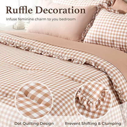BDEUS 7 Pieces Gingham Ruffle Comforter Set Cal King Size, Brown Grid Tartan Bedding Set, Soft Breathable Fabric Comforter with Flat Sheet, Fitted Sheet, 2 Pillowcases & 2 Shams, 104"X96"
